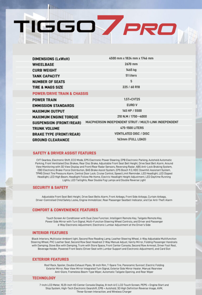 2021 Chery Tiggo7Pro SpecSheet